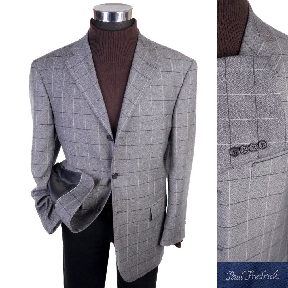 Paul Frederick Mens Sport Coat Blazer Three Button Jacket Wool Sz 44S Windowpane